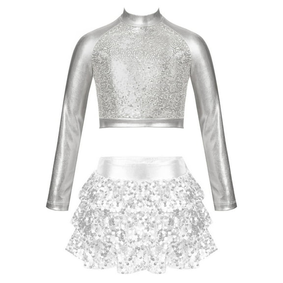 TiaoBug Kids Girls Shiny Ballet Jazz Dance Skirts Outfits Long Sleeve Metallic Crop Top with Tassel Skirted Set Silver 12