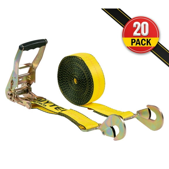 20 Pack 2" x 30' Ratchet Straps w/ Snap Hooks - 3,333 lbs WLL Yellow Car Tie Down Straps Heavy-Duty Tow Straps for Trailers Truck
