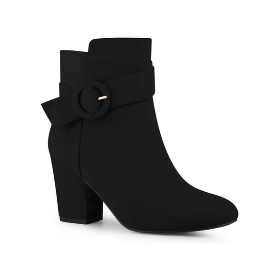 BLISSFUL STEP Round Toe Side Zip Buckle Block Heel Ankle Boots For Women Black 7