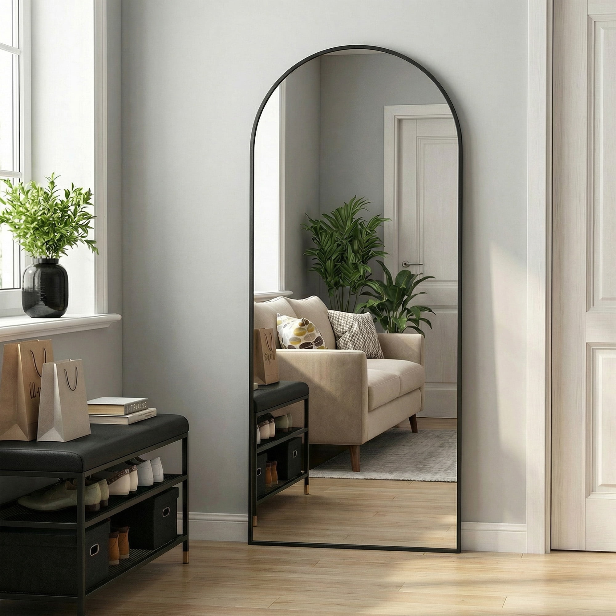 MAYEERTY 71x32in Oversized Full Length Mirror, Arched Decorative Dressing Floor Mirror with Bracket, Black