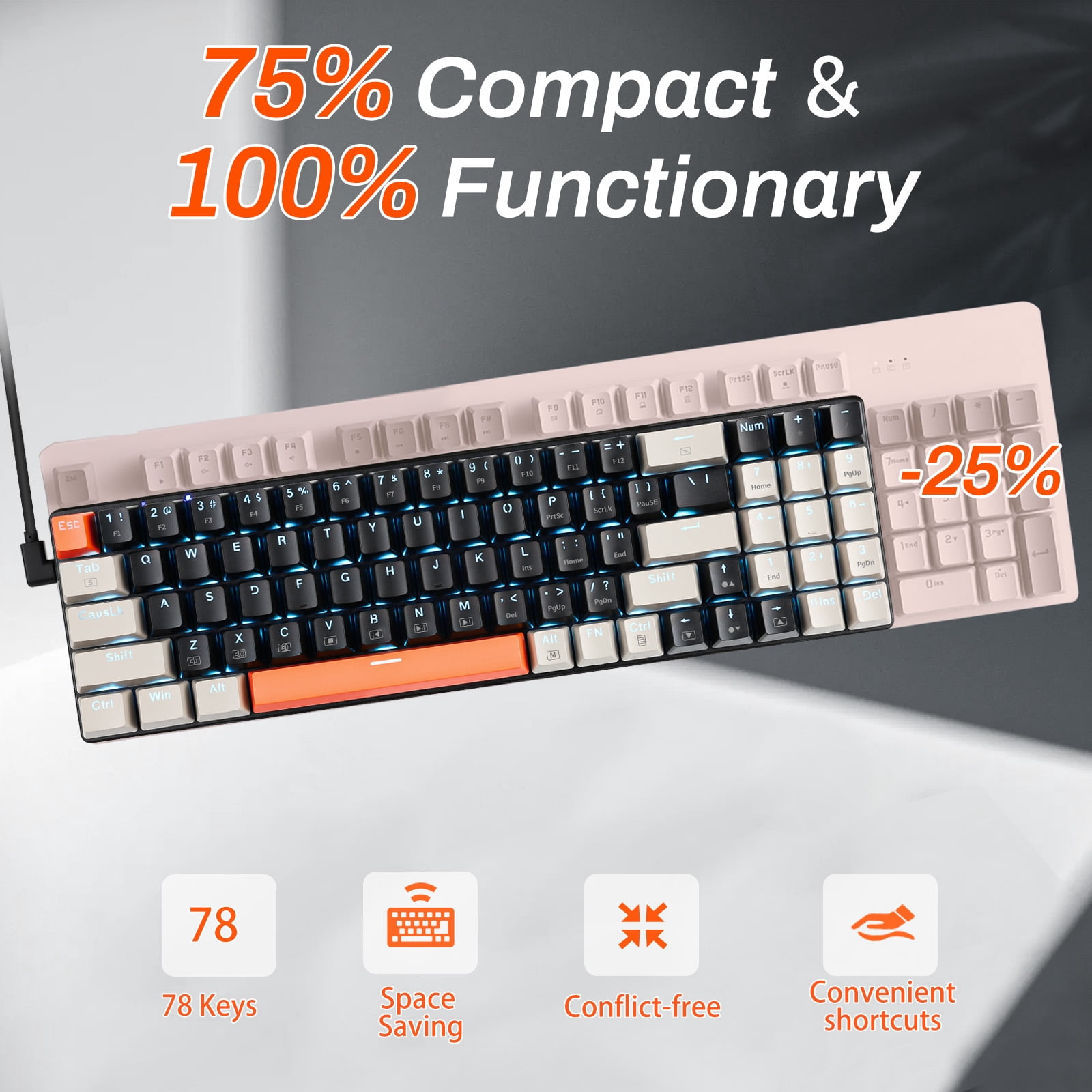 HUO JI USB Mechanical Keyboard Wired with Number Pad, Led Backlit, Blue Switch, Compact 78 Keys for PC/Computer/Laptop Gaming and Office, Black/Grey