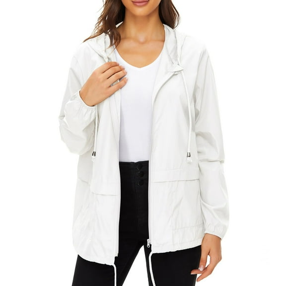 YUGYXL Women's Lightweight Raincoat Waterproof Packable Outdoor Windproof Hooded Active Rain Jacket White XL