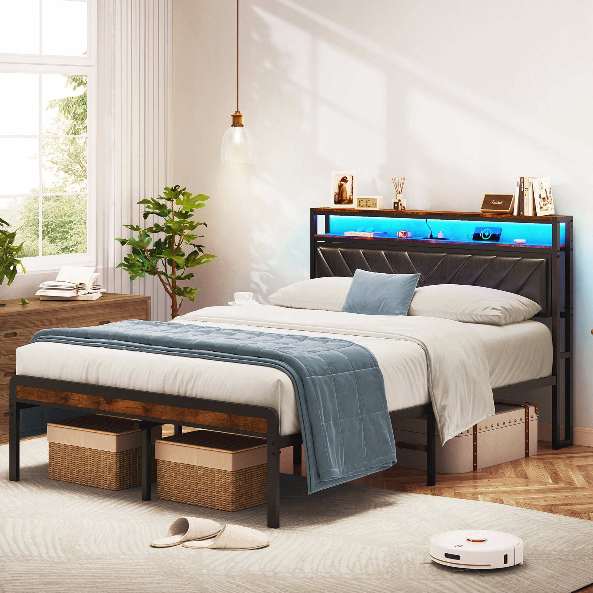 PAPROOS Full Size LED Bed Frame with Charging Station, PU Leather Upholstered Bed, Metal Platform Bed with Soft Cushioned Headboard for Adults Teens, Brown