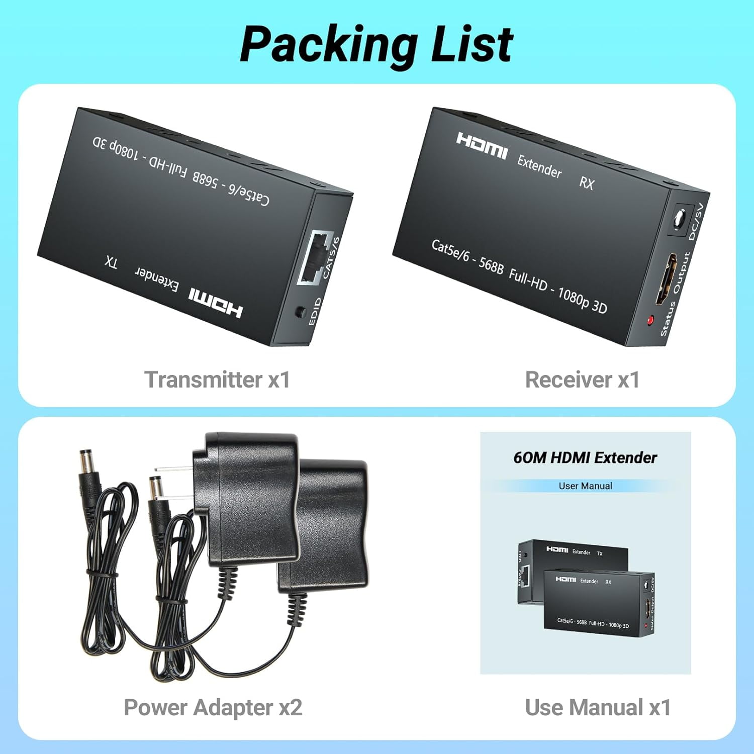 HDMI Extender, 1080P HDMI Transmitter and Receiver Up to 60M(196ft), HDMI Ethernet Sender Repeater Over Singal RJ45 Cat5e/Cat6/Cat7 Ethernet LAN Cable, HDMI to RJ45 and RJ45 to HDMI Transmitter