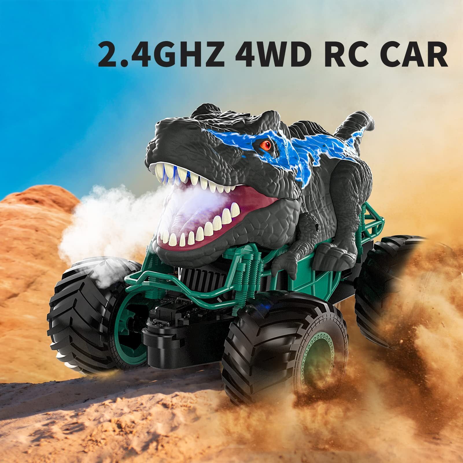 Flooyes Remote Control Dinosaur Car for Boys Kids Ages 3 4 5 6 7 8+ Years, 2.4ghz RC Dinosaur Truck for Toddlers, Electronic Rc Car with Light Sound & Spray All Terrain Car for 3 4 5 6-8 Kids