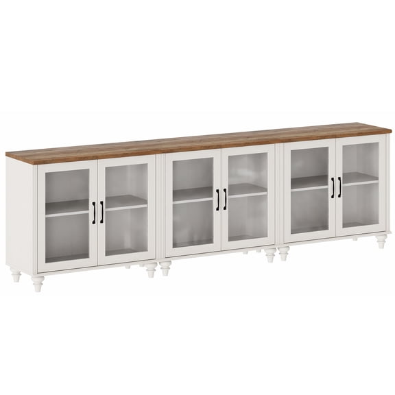 Buffet Cabinet with 6 Glass Doors, Kitchen Storage Cabinets with Adjustable Shelf, 101 inch, White