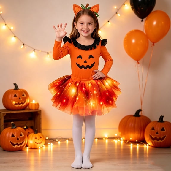 OSOLU Girls Halloween 6 Piece Outfit Pumpkin Face Print Long Sleeve Top Light Up Tulle Skirt with Headband Tail Tights Set Orange