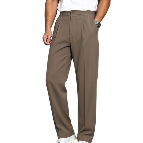 CQONEPT Mens Dress Pants Office Slacks Loose Fit Straight Leg Pant Business Work Lightweight Trousers with Pockets Coffee M