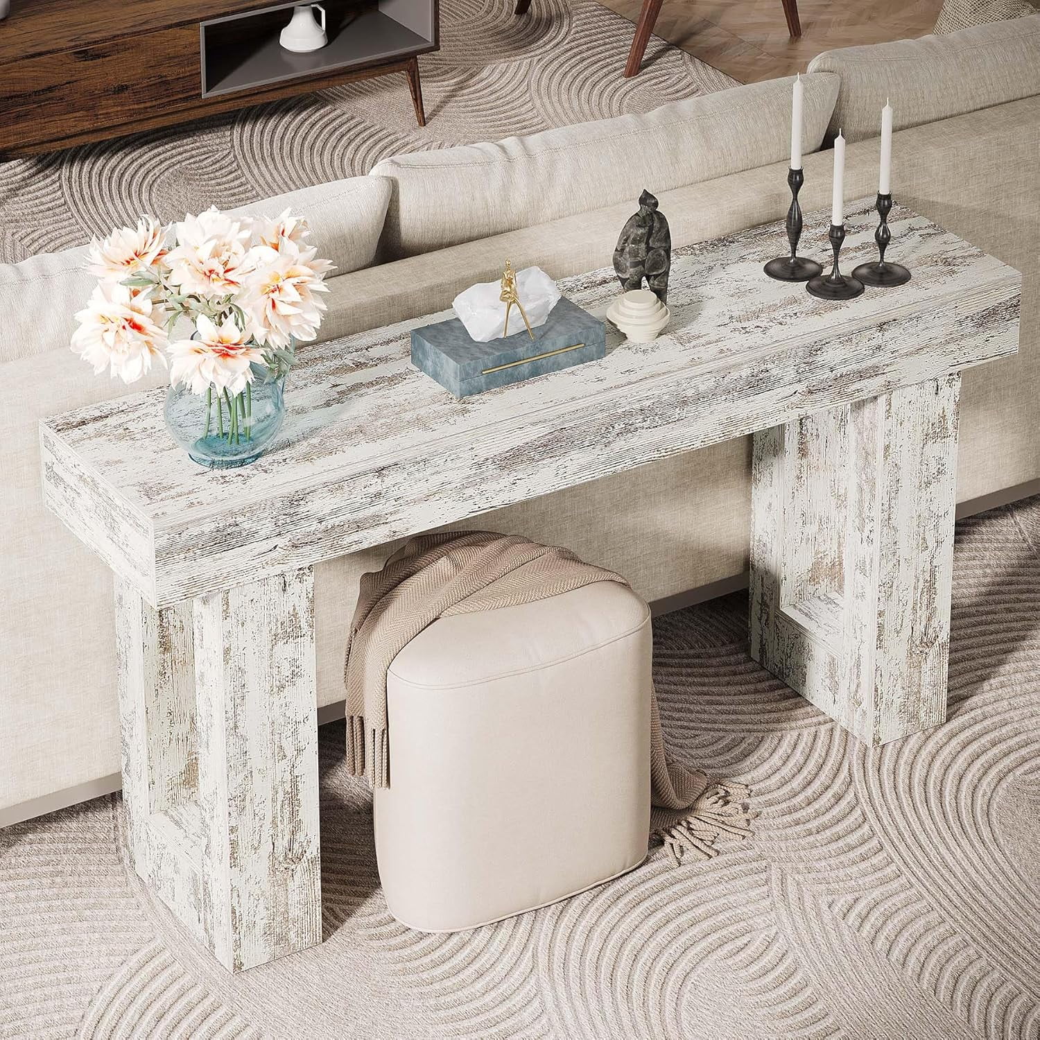 Tribesigns 63-Inch Long Console Table, Farmhouse Entryway Table for Entrance, Hallway, Living Room（Distressed White)