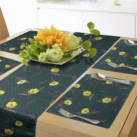 

Floral Table Runner & Placemats Nature Style Spring Blooms on a Backdrop of Polka Dots Retro Feels Set for Dining Table Decor Placemat 4 pcs + Runner 16 x90 Hunter Green and Yellow by Ambesonne