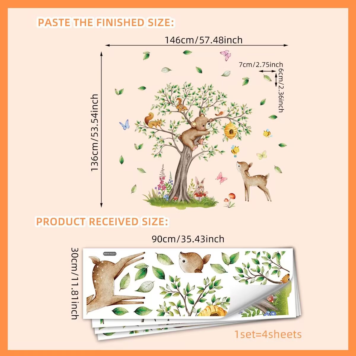 Woodland Animals Tree Wall Stickers DIY Giant Tree Wall Decals Deer Wall Stickers Peel and Stick Forest Wall Stickers for Baby Nursery Kids Bedroom Toddler Room Wall Decor