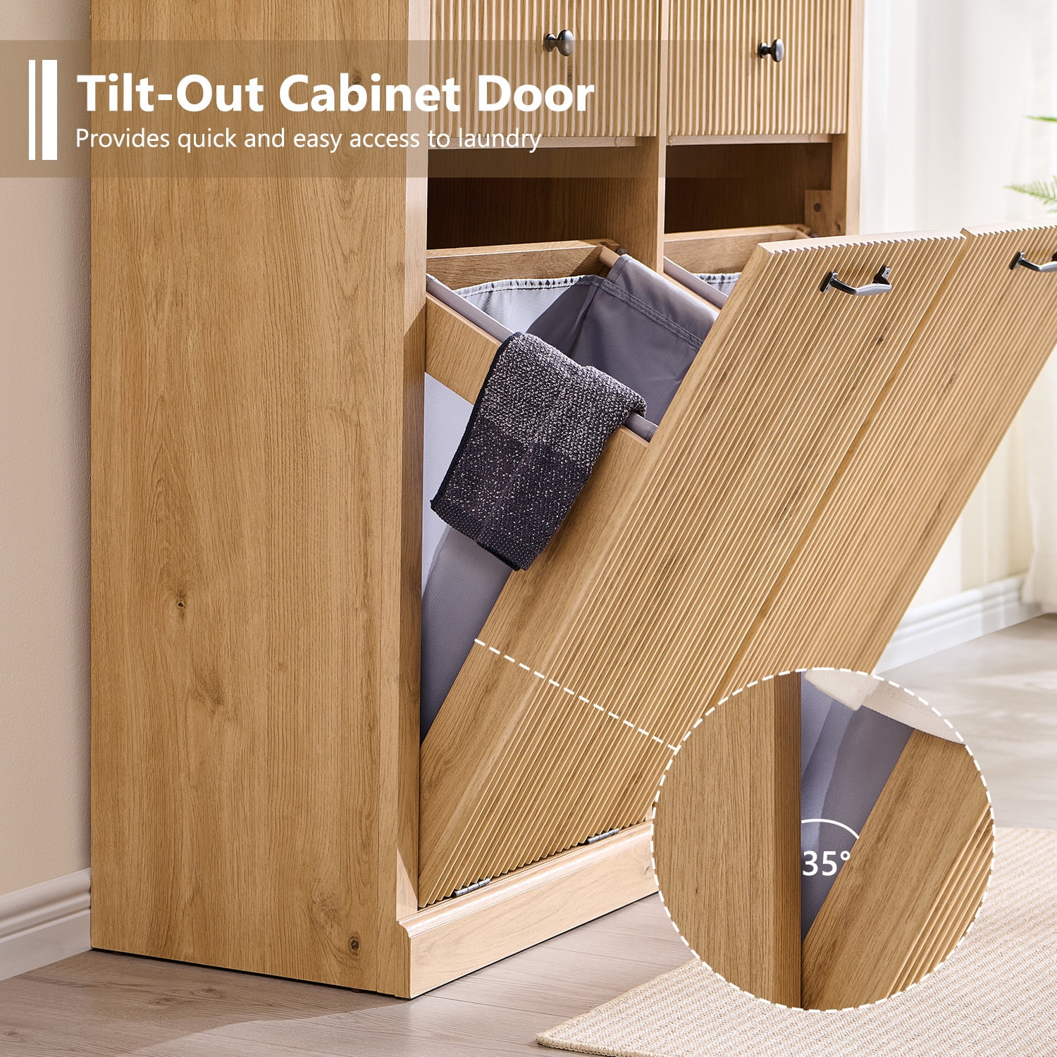 20 Gallon Tilt-Out Trash Can Cabinet, Modern Laundry Hamper Cabinet with Drawers, Hidden Garbage Can Cabinet for Kitchen and Living Room