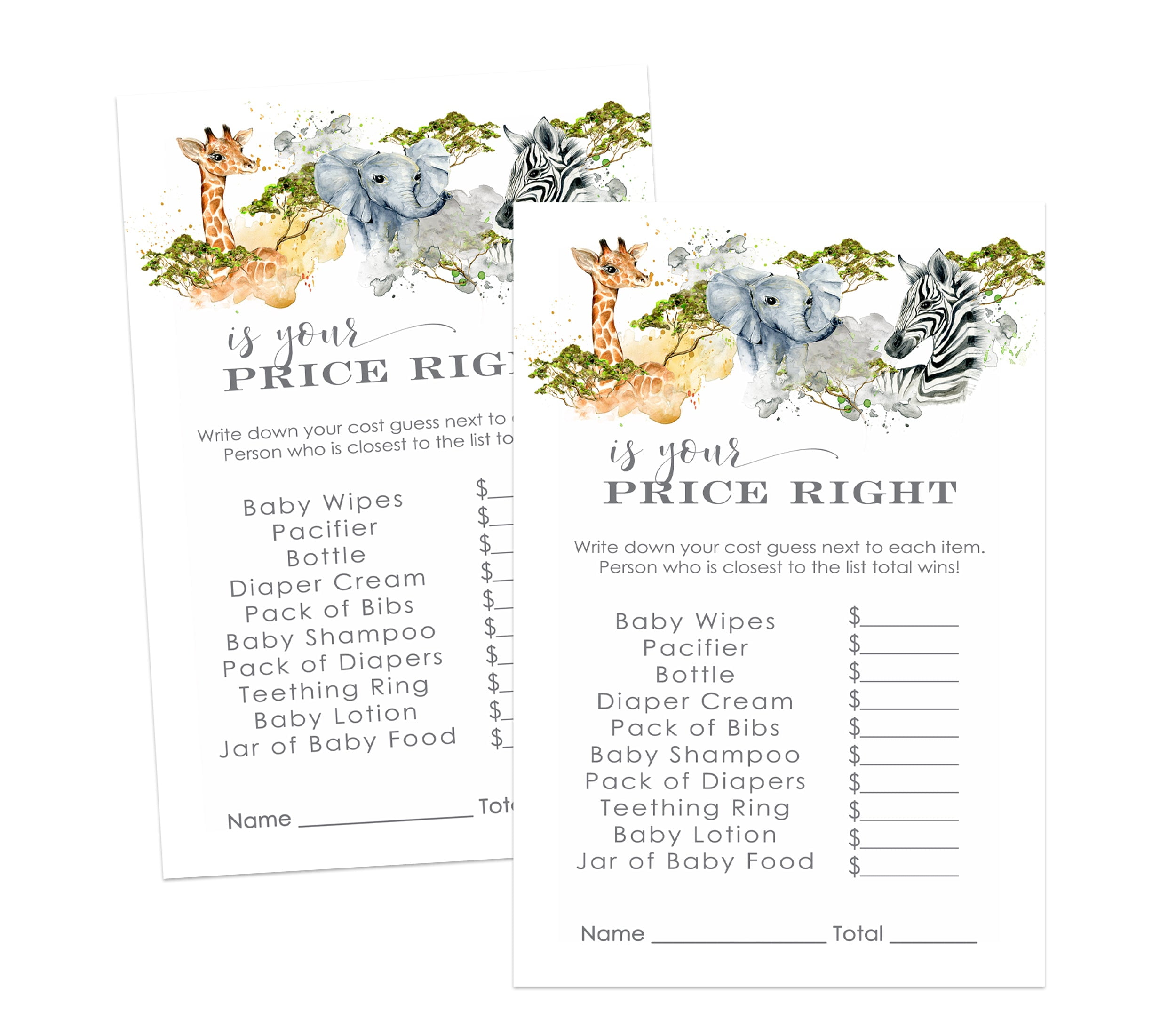 Jungle Baby Shower Game Guess the Price Right 25 Pack Safari Gender Reveal Activity Cards - Wild Adventure Theme Boy Girl - Printed 4x6 Size Set - Paper Clever Party