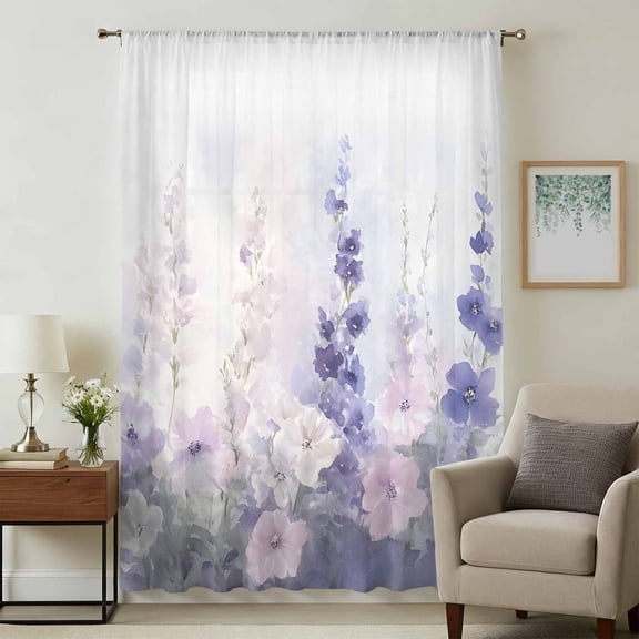 Lavender Sheer Curtains 84 Inches Long, Pastoral Pastel Purple Pink Wildflower Light Filering Curtains, Breathable Simi Curtain Privacy Drapes for Living Room Bedroom Lightweight Window Treatment