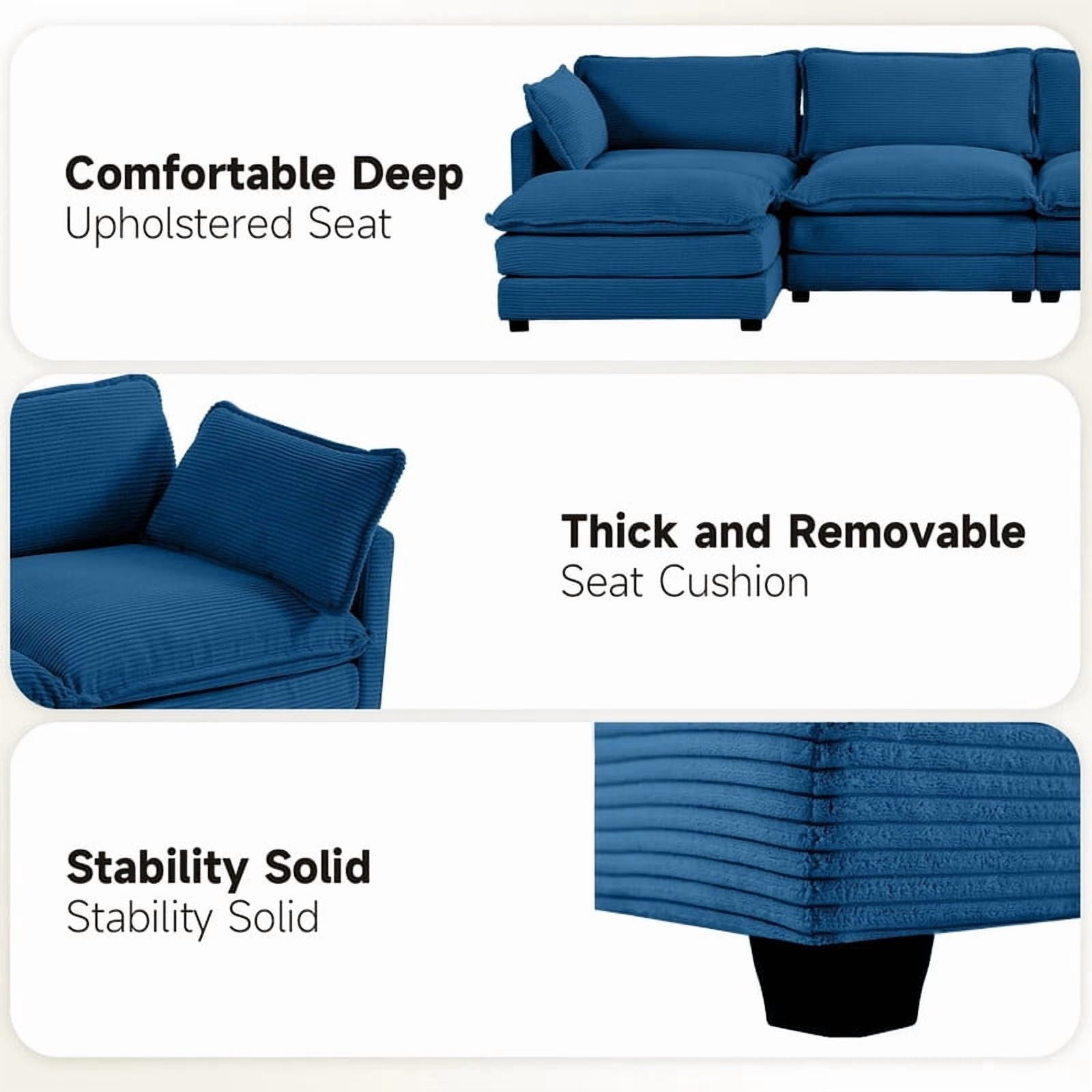 RIAFUN Sectional Cloud Couch with 2 Ottomans, Oversized U-Shaped Modular Corduroy Sofa, Convertible 4 Seat Sleeper Sofa Furniture Set for Living Room and Office, Navy