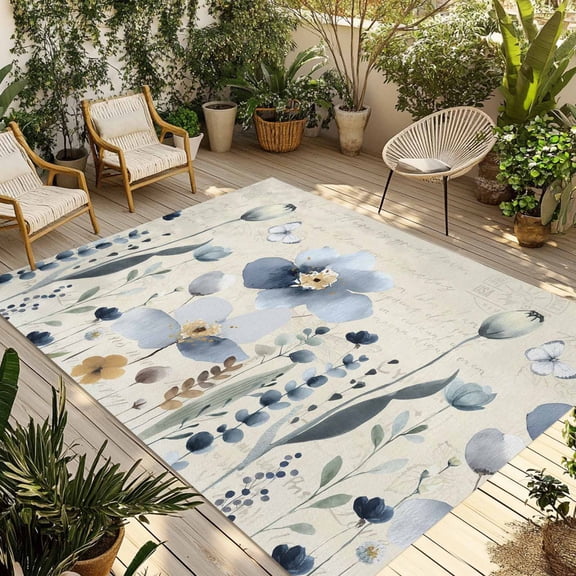 Spring Blue Floral Outdoor Rug for Patio/Deck/Porch, Non-Slip Large Area Rug 5 x 7 Ft, Vintage Garden Wildflowers Botanical Indoor Outdoor Rugs Washable Area Rugs, Camping Rug Carpet Runner
