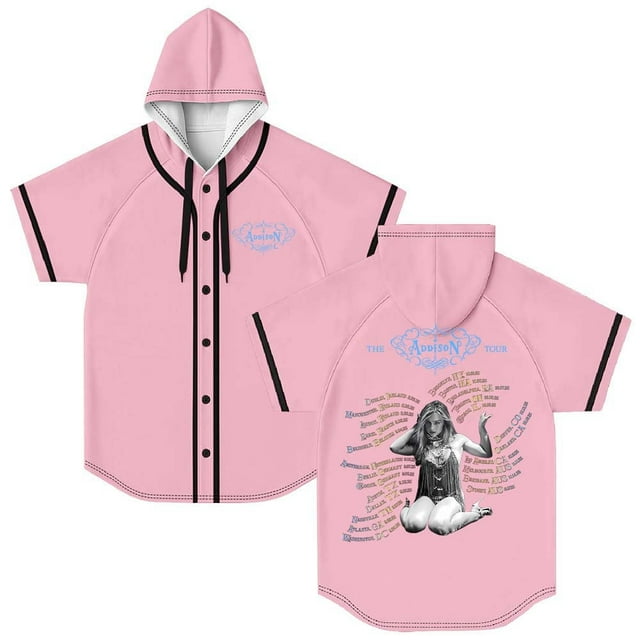 Addison Rae The Addison Tour 2025 Merch Chandail de Baseball à Capuchon T-Shirt à Manches Courtes Femmes Hommes Col Rond T-Shirt Décontracté,TG,Rose