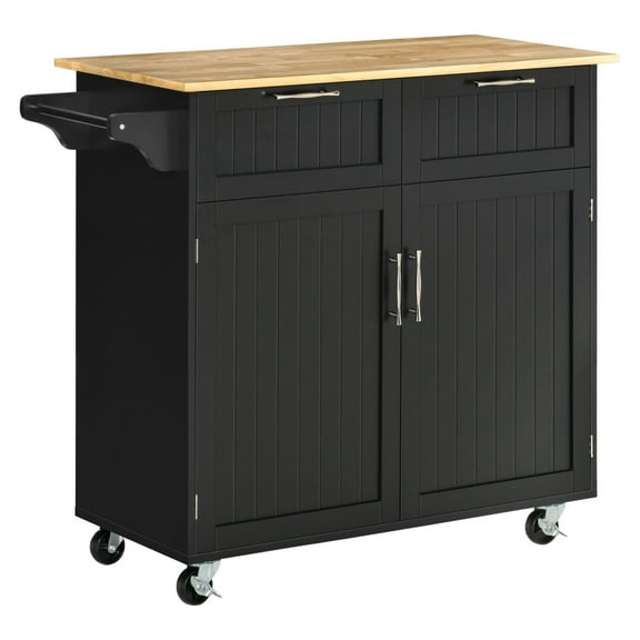 Kitchen Cart with Wheels, Black Rolling Island, Adjustable Shelves, Utility Storage, Butcher Block Top, Home Kitchen Organizer