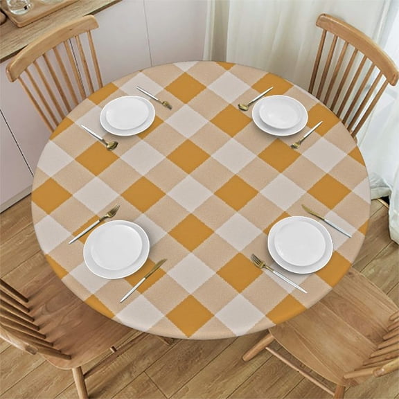 BANET Round Vinyl Fitted Tablecloth with Flannel Backing Elastic Edge Design Table Cover Waterproof Oil-Proof PVC Table Cloth Wipeable for Round Table 31"-35
