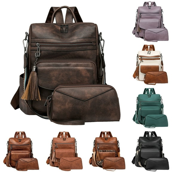 Modstep 2pcs Women Leather Backpack and Wallet Retro Zipper Compartment Daypack Travel Lightwight Purse with Adjustable Strap Black