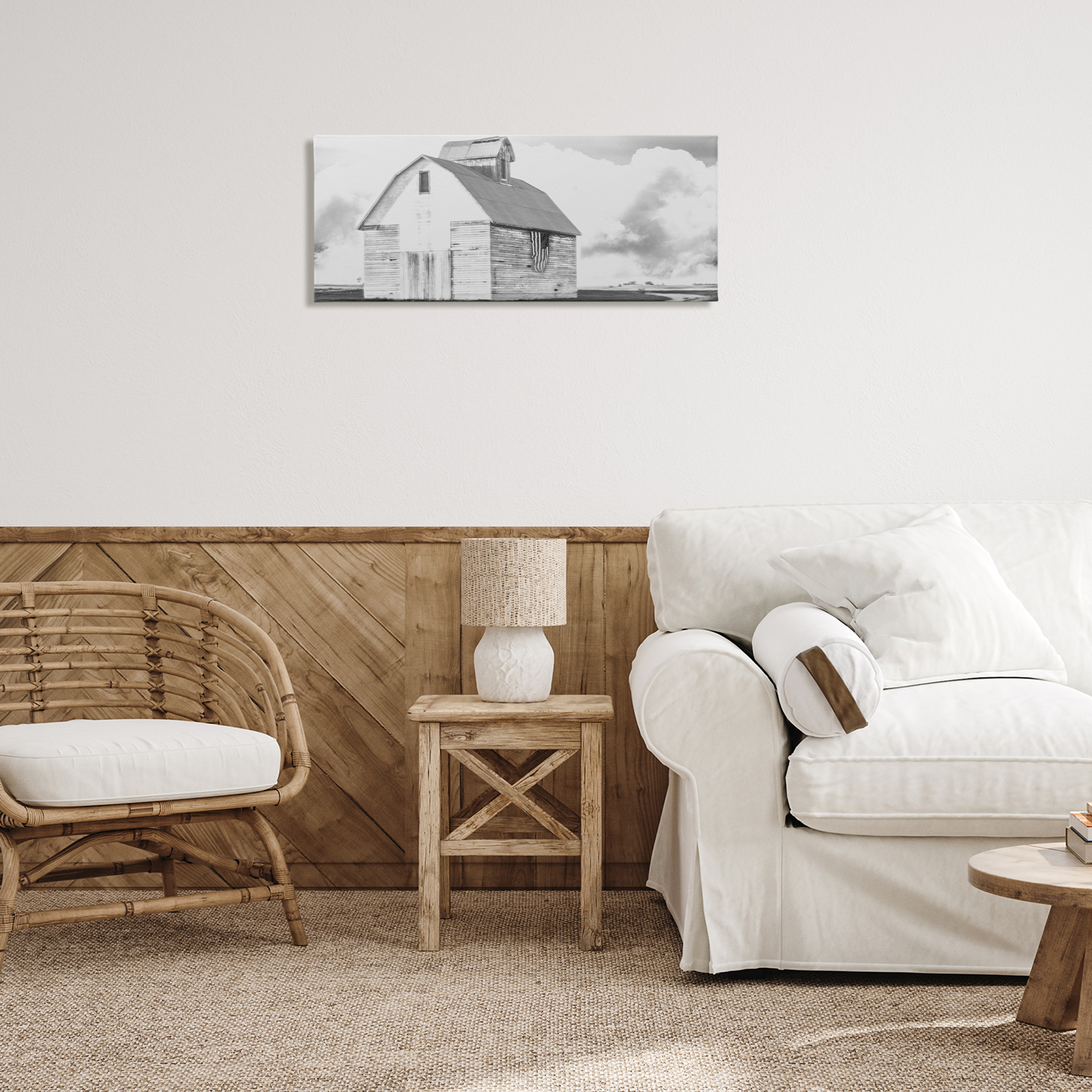 Stupell Industries USA Flag on Barn Patriotic Painting Wrapped Canvas Art Print Wall Art, 30 x 13