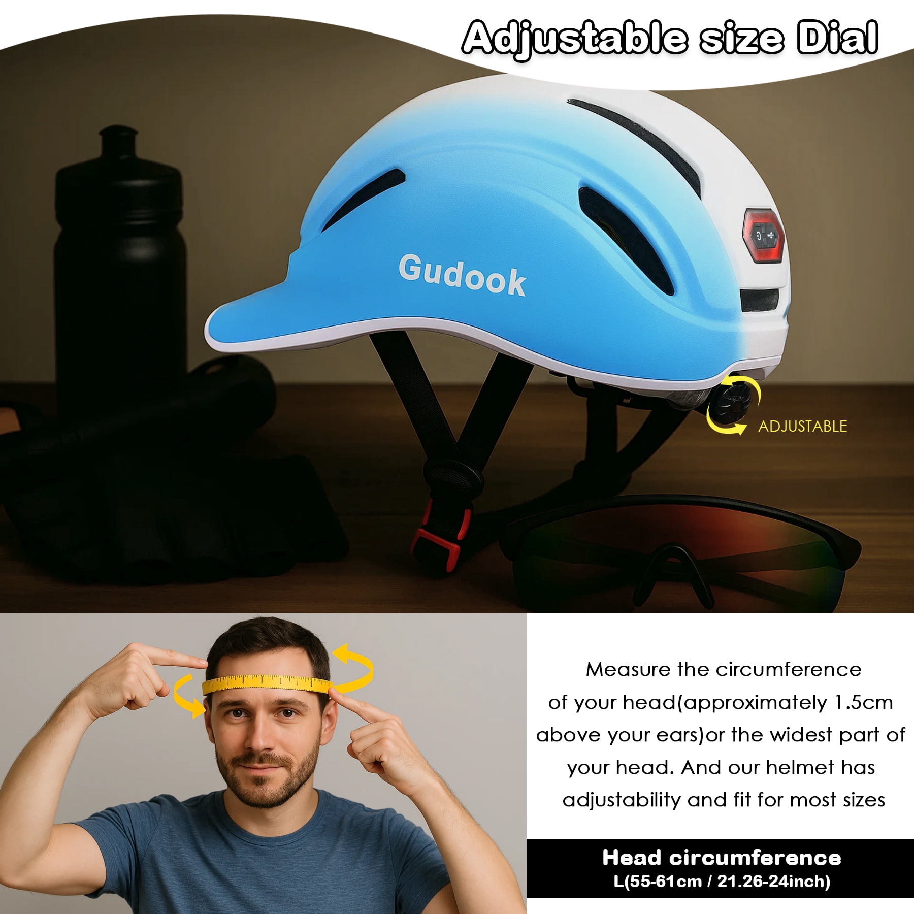 Gudook Adult Bike Helmet for Men - Women Bicycle Helmet with LED Rear Light - Certified Comfort Adjustable Baseball Cap Style Cycling Helmets for Urban Commuter Road Biking Scooter