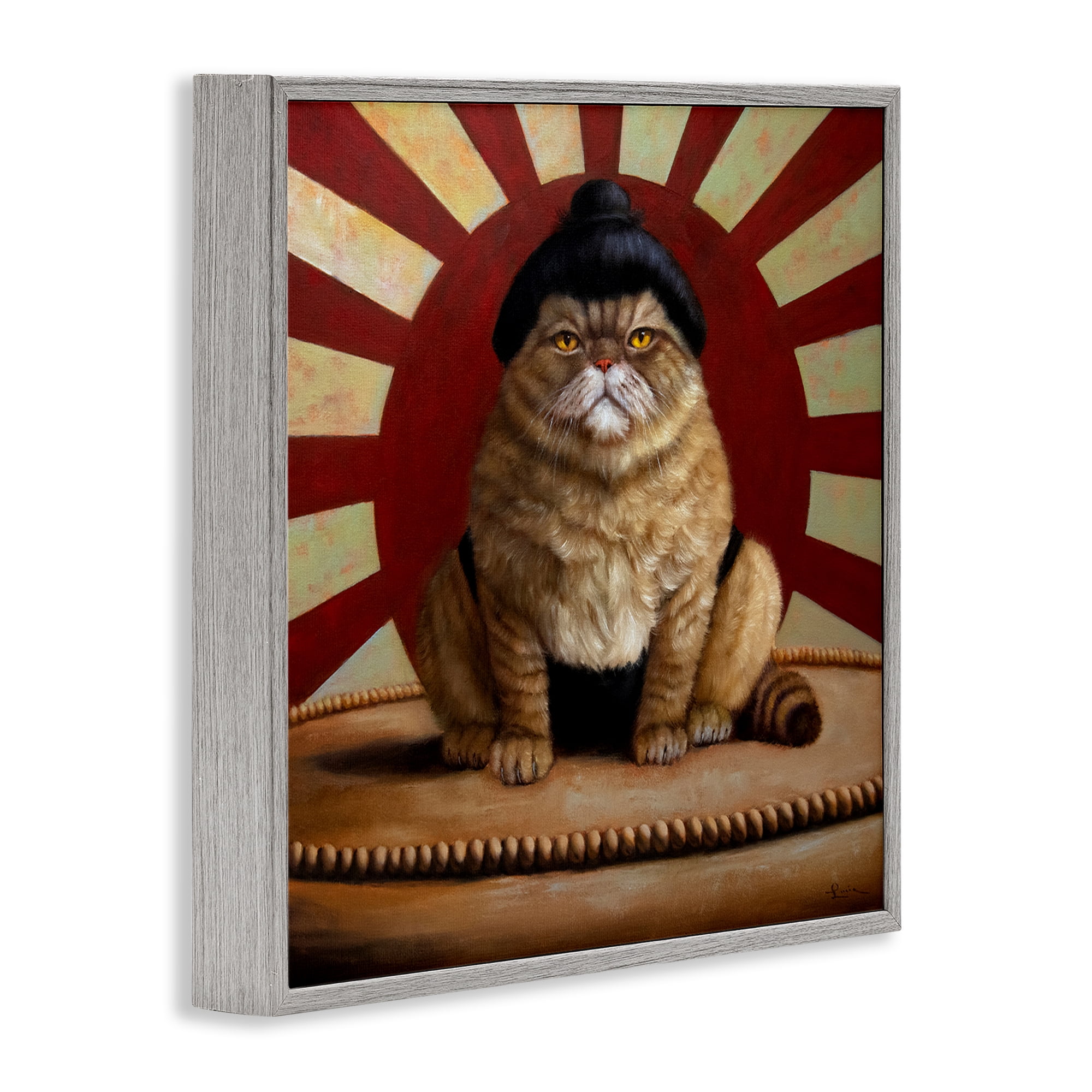 Stupell Industries Sumo Cat with Sun Rays Gray Framed Giclee Art, design by Lucia Heffernan