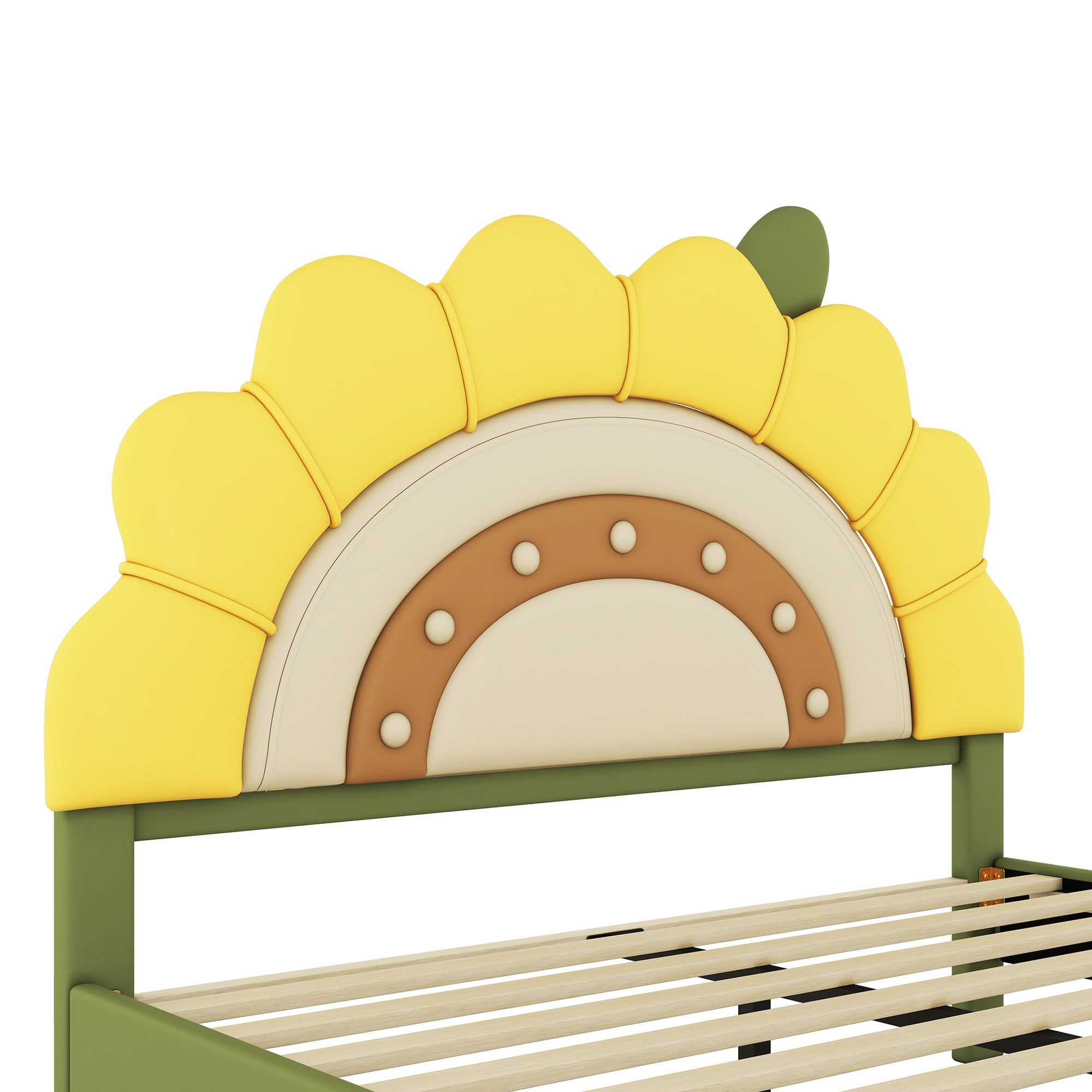 Aukfa Full Upholstered Bed Frame, Cartoon Bed with Sunflower Shape Headboard for Kids, Green