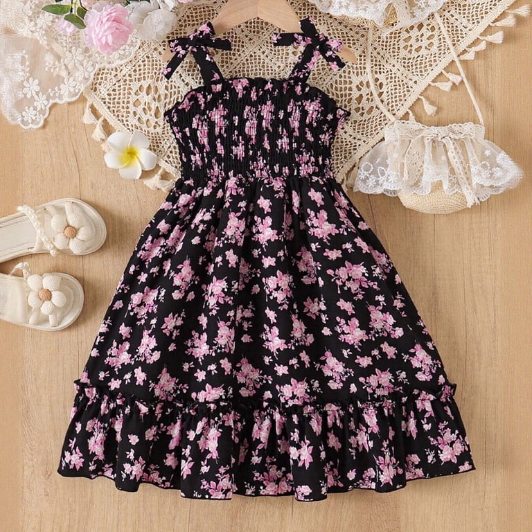 Jamsmile Toddler Girls Boho Dress Summer Floral Print Trimmed Bow Ruffles Sleeveless Beach Dress Kids Girls Vocation Sundress