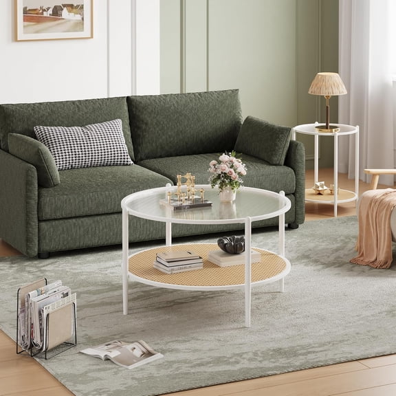 Rugerasy 30 Inch Rattan Coffee Table,2-Tier Round End Table with Storage,Round Water-Wave Glass Metal Center Tables,Modern Circular Coffee Tables for Small Space,Living Room,Office (White)