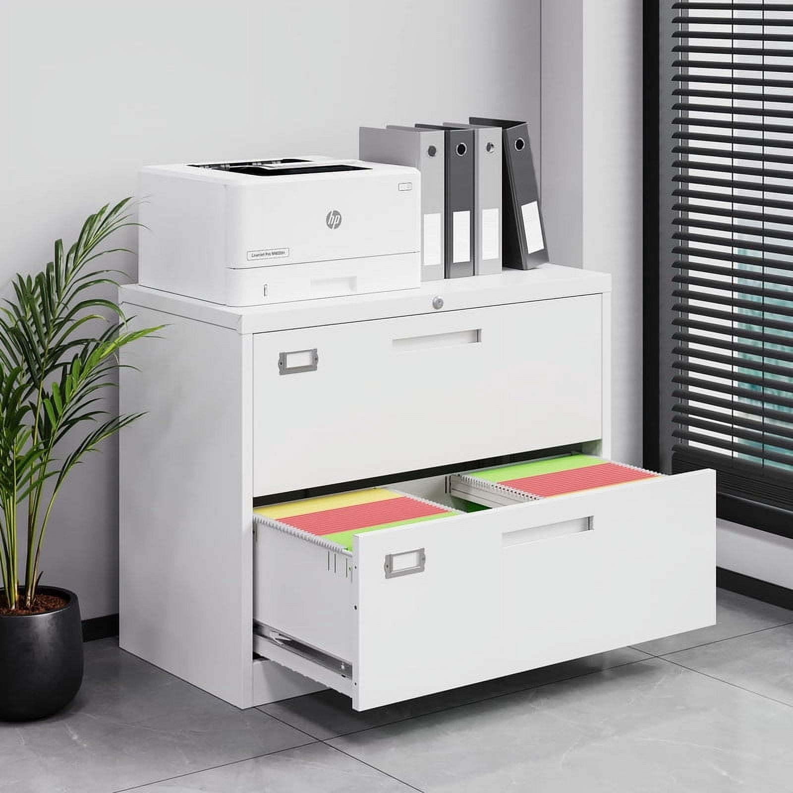 MIIIKO 2 Drawer Lateral File Cabinet with Lock, White Lateral Filing Cabinet for Legal/Letter A4 Size, Locking Wide File Cabinet for Home Office, Metal