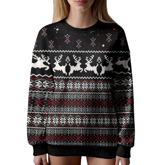 Womens Christmas Sweaters Reindeer Snowflake Jacquard Crew Neck Long Sleeve Winter Tops Pullover Basic Sweaters for Women
