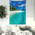 thumbnail image 3 of Fiji Tapestry, Clear Still Waters Surrounding a Stunning Island, Wall Hanging for Bedroom Living Room Dorm Decor, 60W X 80L Inches, Night Blue Dark Seafoam Olive Green and Eggshell, by Ambesonne, 3 of 5