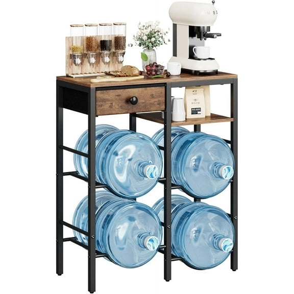 5 Gallon Water Jug Holder, 4 slots Heavy Duty Water Bottle Rack with 2-Layer Storage Shelves, Wood Tabletop & Fabric Drawer, Water Jug Dispenser Stand for Home, Kitchen, Office, Garage