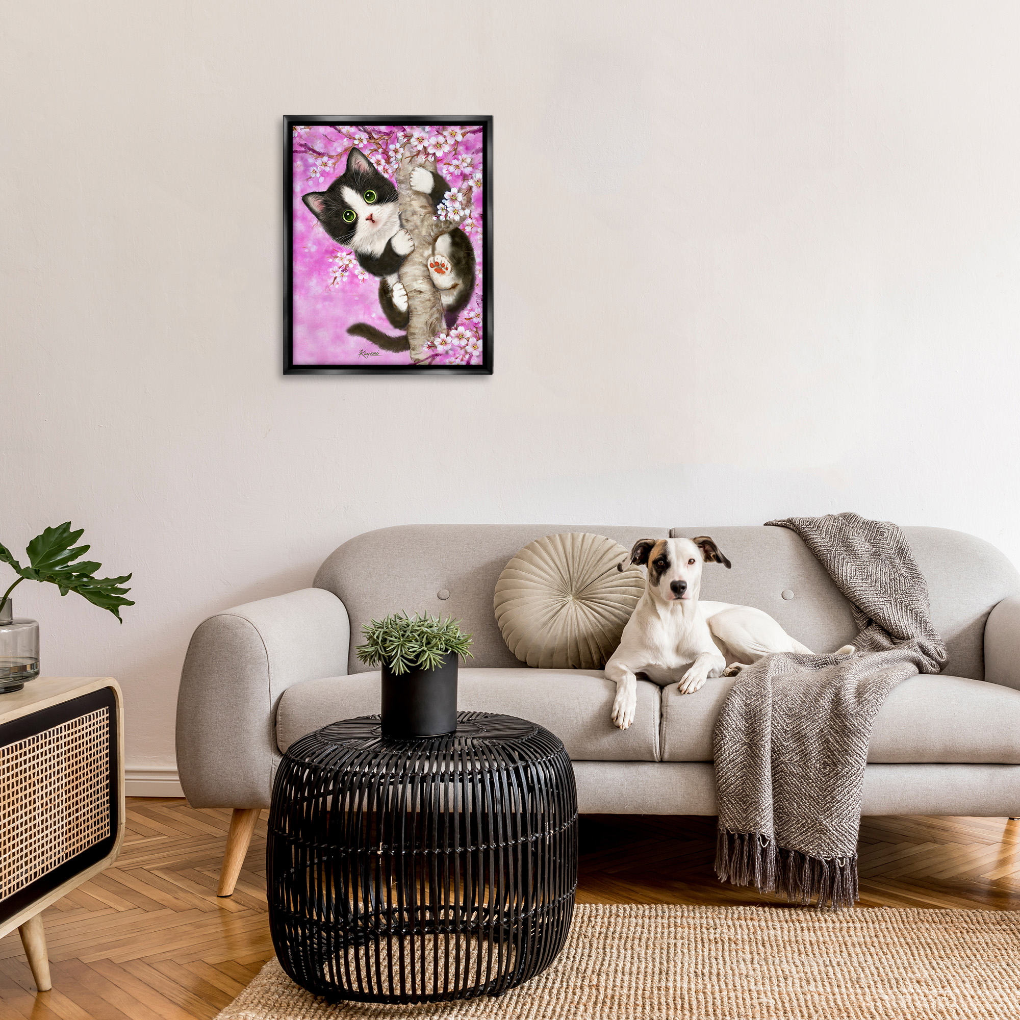 Stupell Industries Kitten & Cherry Blossoms Animals & Insects Painting Black Floater Framed Canvas Art Print Wall Art, 25 x 31