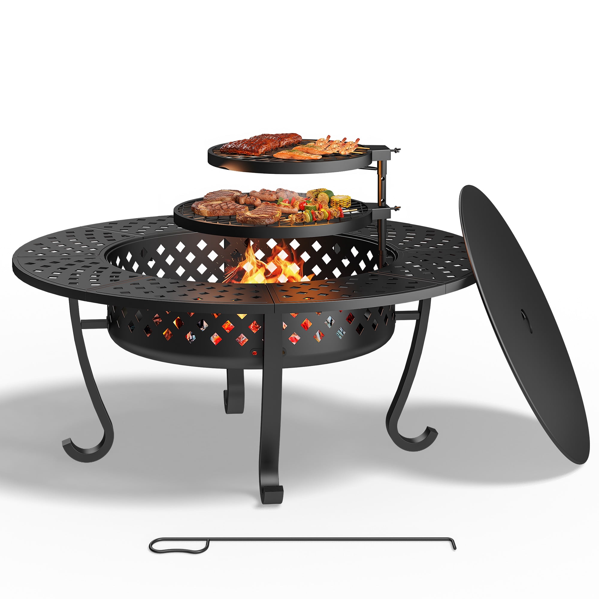 May in Color 43'' Fire Pit with 2 Grills, Outdoor Wood Burning Fireplace with Lid and Fire Poker, BBQ & Bonfire & Round Metal Table 3 in 1 for Patio, Backyard, Garden, Black