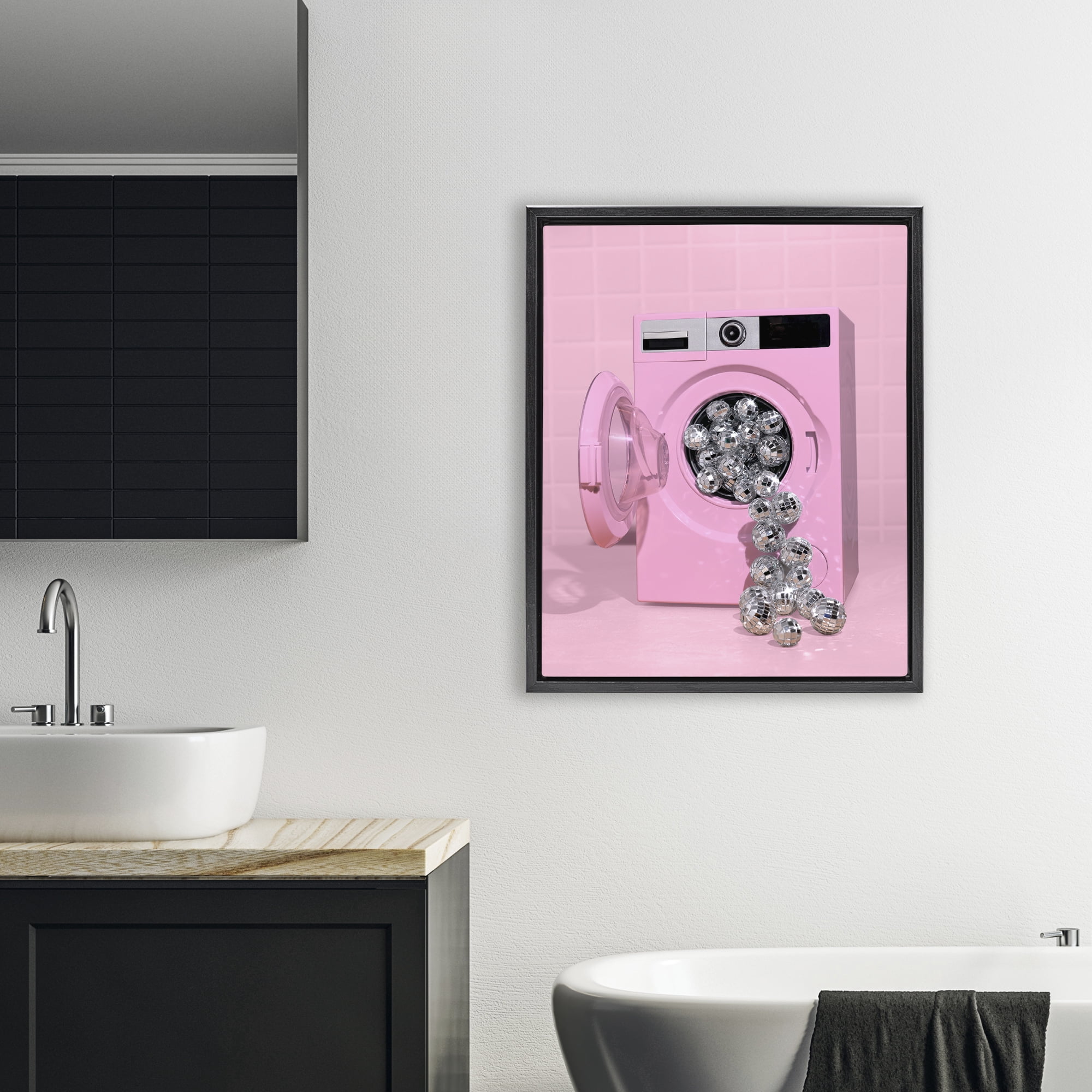 Stupell Industries Disco Laundry Machine over Pink Black Framed Floater Canvas Wall Art, design by LISH Creative