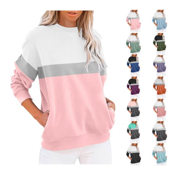 VKOYWKM Color Block Sweatshirt for Women Crewneck Long Sleeve Shirts Fall Loose Fit Soft Casual Oversized Pullover Sweatshirts