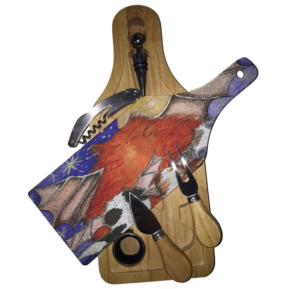KuzmarK Wine & Cheese Glass Cutting Board Wood Box Gift Set - Batty Kitty Family & Full Moon Halloween Cat Art by Denise Every