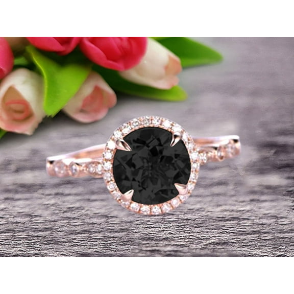 1.75 Carat Round Cut Black Diamond Moissanite Ring Engagement Ring Promise Ring Anniversary Ring 10k Rose Gold Gemstone Art Deco