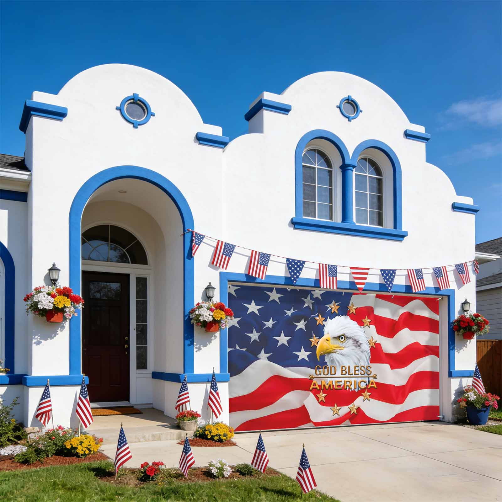 Eagle 4th of July Garage Door Cover Banner 7 x 16 FT, Independence Day Stars Flag Garage Door Curtains Backdrop with Grommets for Indoor Outdoor Wall Party Porch Yard Decorations Background