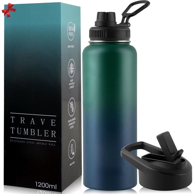Termo de Acero Inoxidable para Agua Fría y 2 Tapas - Botella Térmica Metálica con Doble Pared para Mantener el Frío Gimnasio, Deportes y Oficina (Azul-Verde, 1.2 Litros)