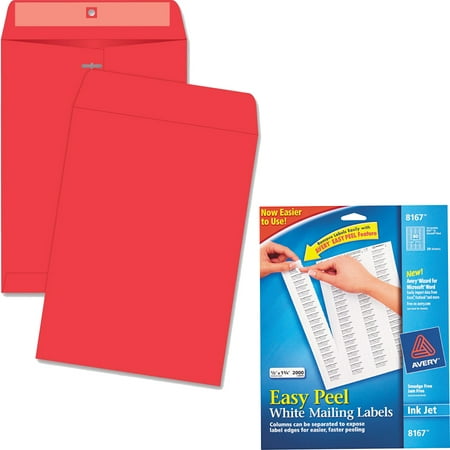 Quality Park Brightly Colored 9x12 Clasp Envelopes and Avery 8167 Easy Peel White Return Address Labels for Inkjet Printers, 1/2