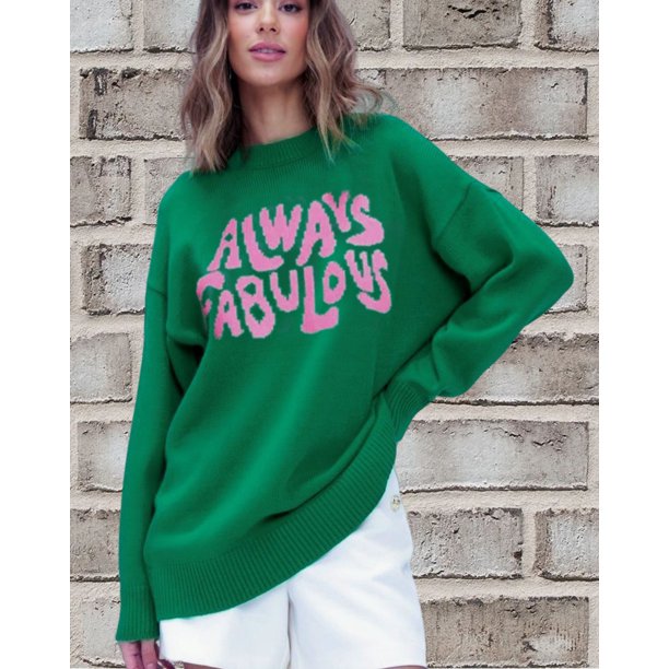 Suéter de punto Jacquard con estampado de letras y manga larga y cuello redondo de invierno para mujer