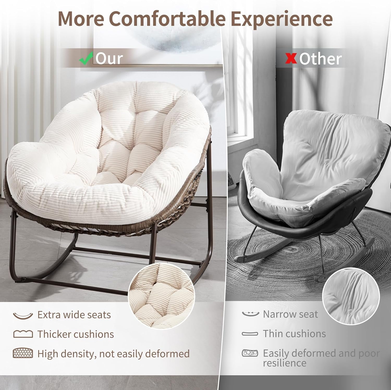 MOONMISS Outdoor Patio Rattan Oversized Rocking Chairs Set of 2 with Corduroy Padded Cushion-White