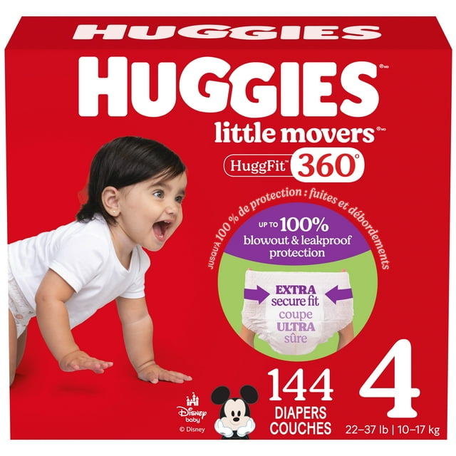Huggies Little Movers HuggFit 360° Baby Diapers size 4 with 144 diapers for babies 22-37 lb (10-17 kg), featuring up to 100% blowout and leakproof protection and an extra secure waistband, shown on red packaging with Disney baby Mickey Mouse logo.