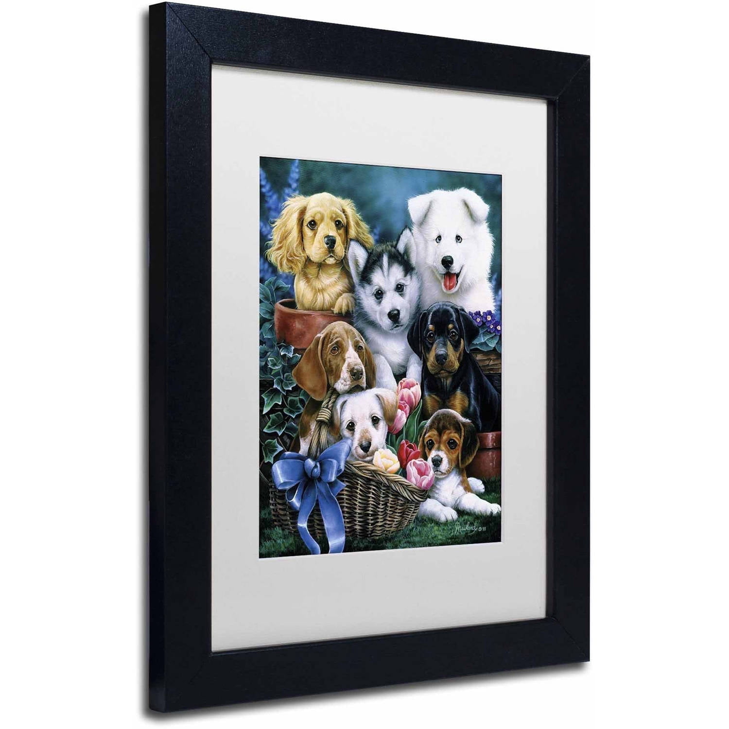 Trademark Fine Art 'Puppies' Canvas Art by Jenny Newland, White Matte, Black Frame