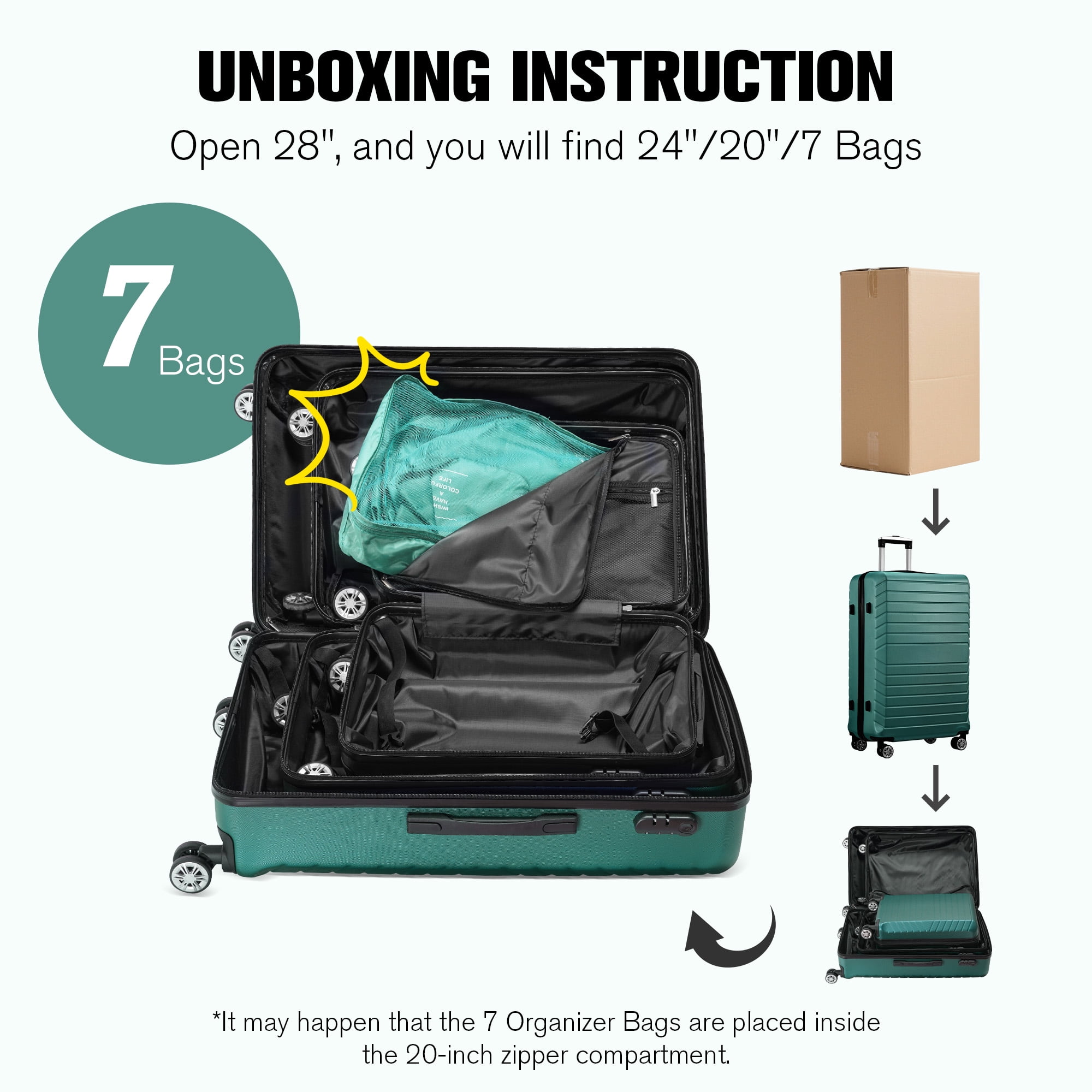 Walmart 3-Piece Durable ABS Luggage Set with 7 Organizer Bags for