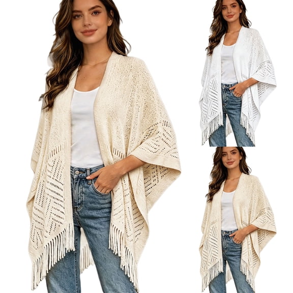 Fewfanhot Women Lace Open Front Hollow Knit Fringe Poncho Shawl, Three Quarter Sleeve Lightweight Layering Wrap Cover Up