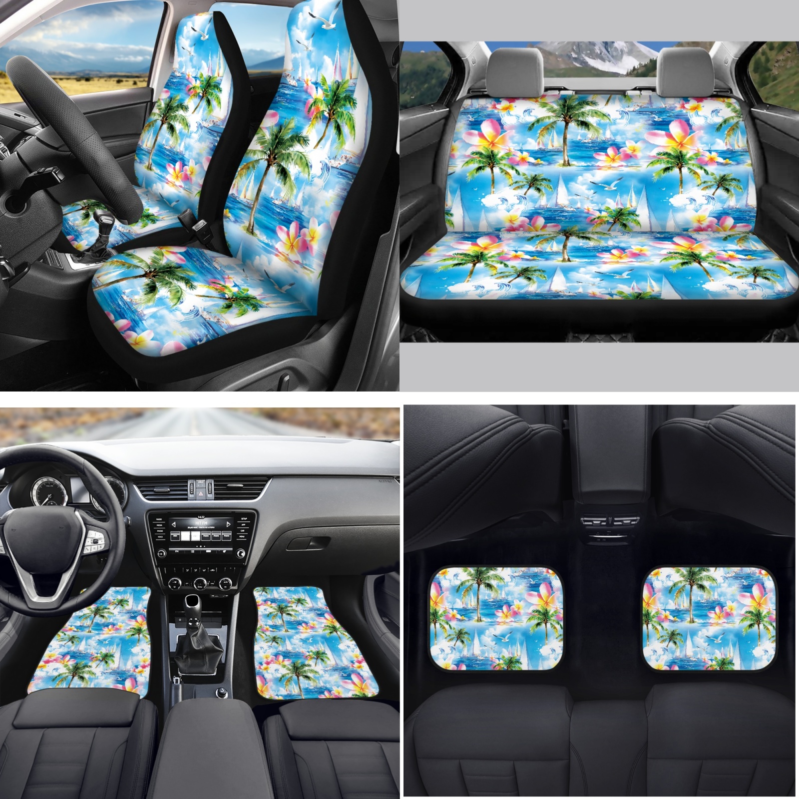 Yuyamidu Coconut Tree Car Seat Cover Full Set Seaside Car Floor Mats Steering Wheel Cover Seat Belt Pad Cover Coasters Handbrake Cover Set Blue Car Decor, 15 Pack